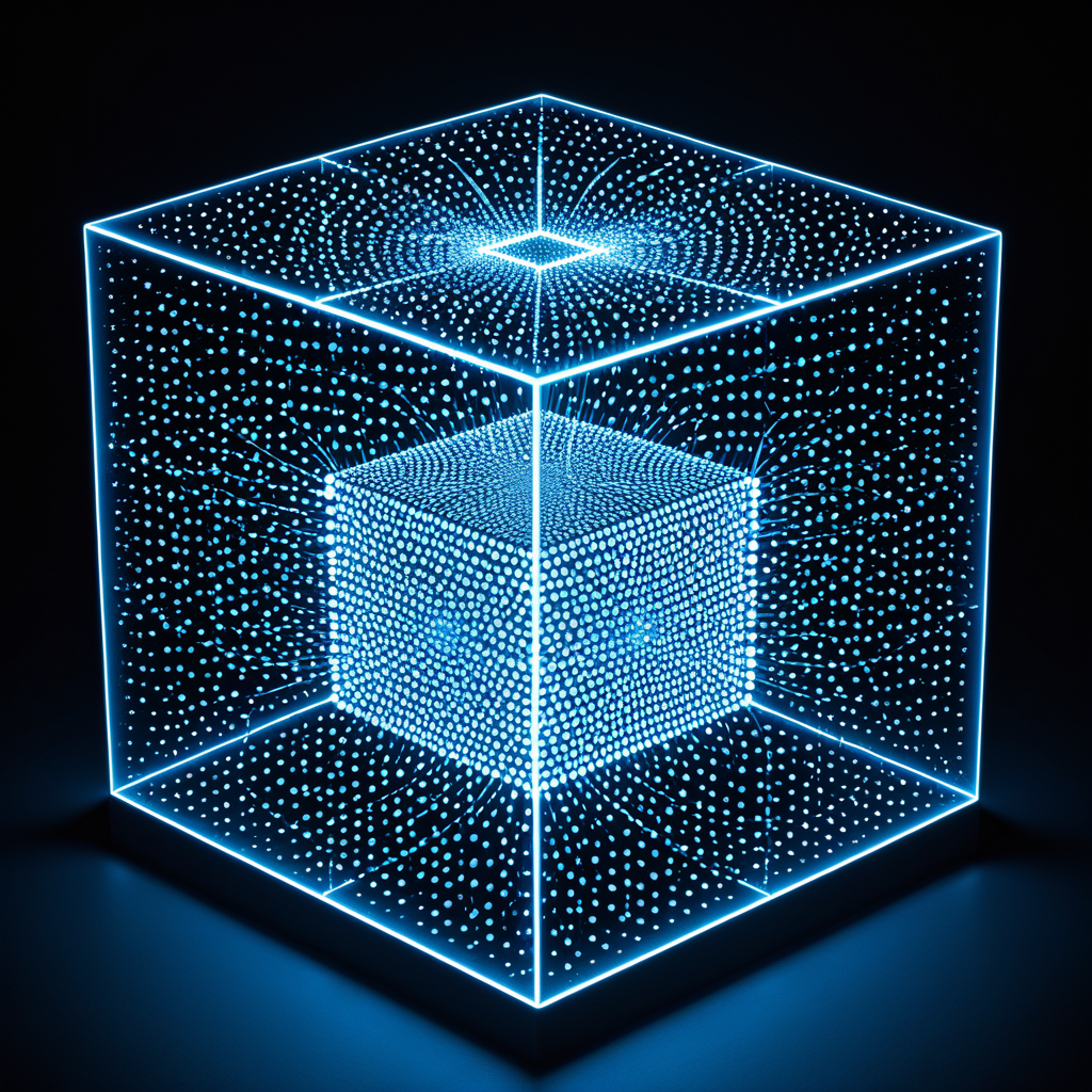 A 3D cube with floating dots (nails) and multiple balls falling through, showing probabilistic paths.