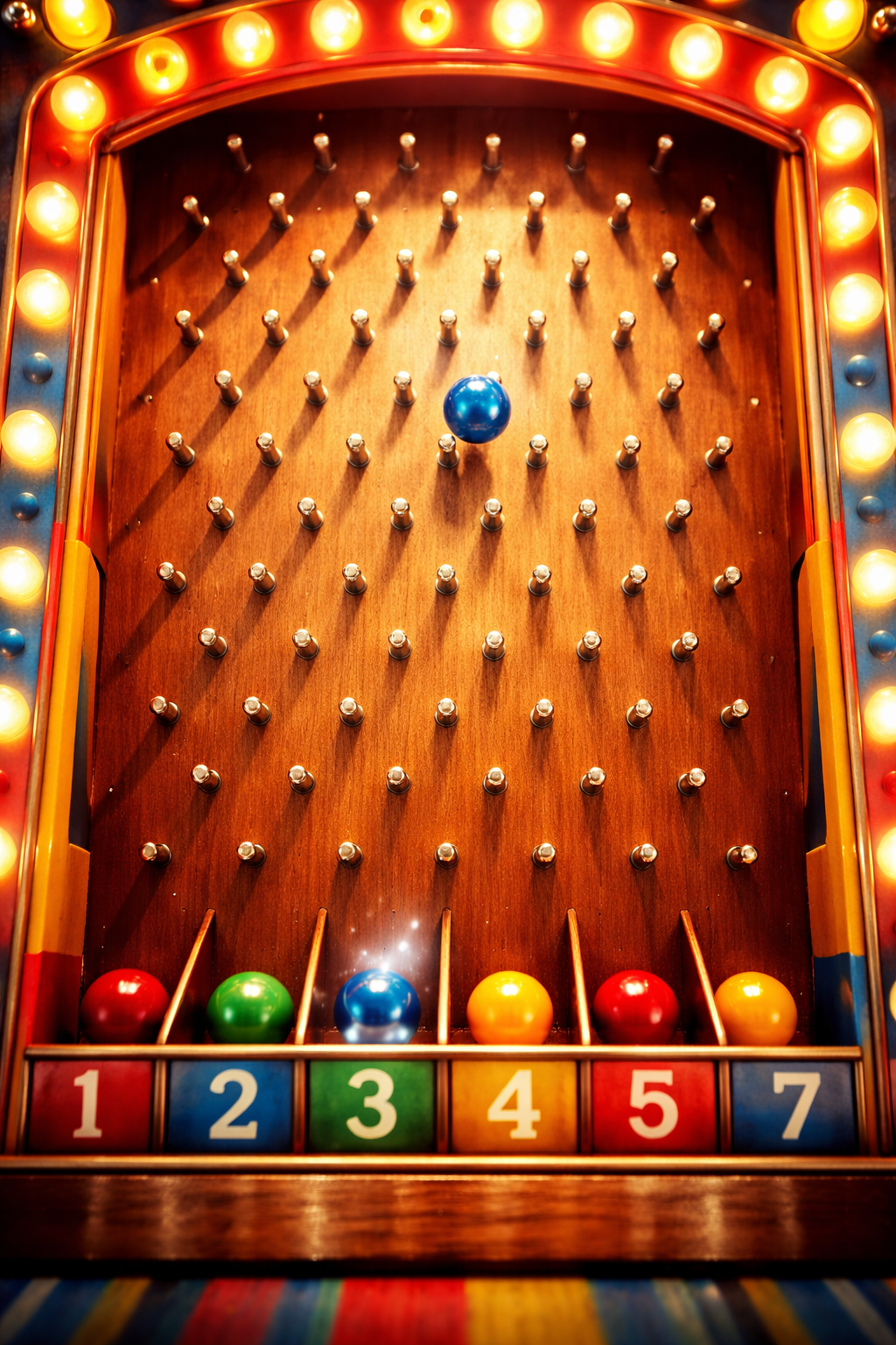 A classic carnival nail-board (Plinko-style) game with nails and slots.