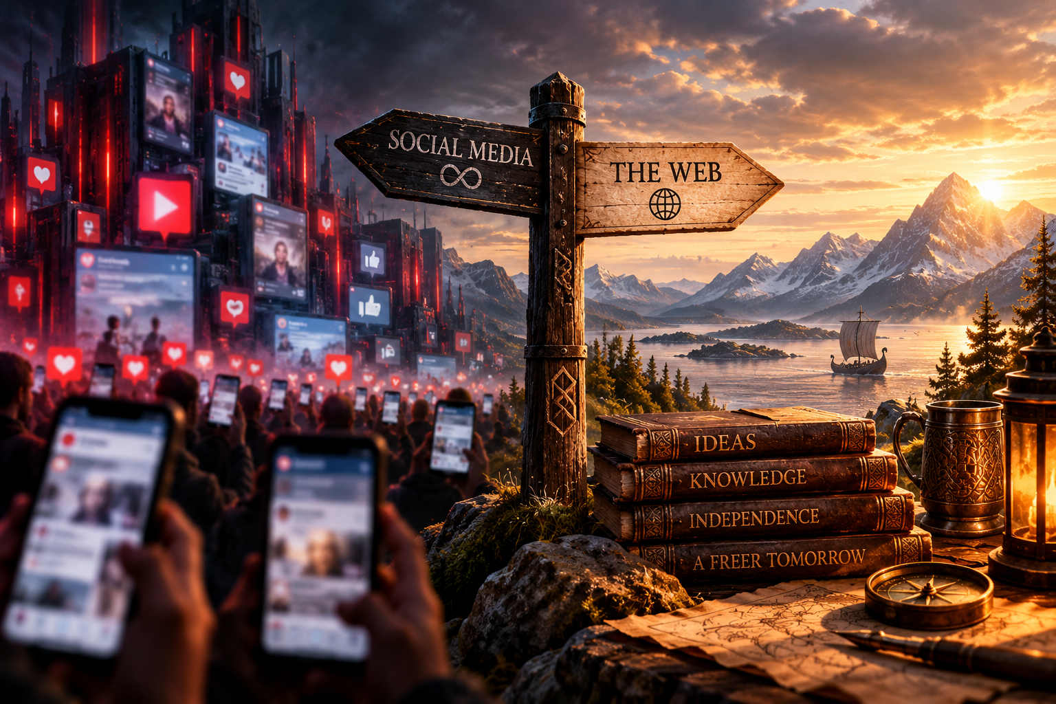 A visual representation of the open web contrasted with temporary social-media feeds.